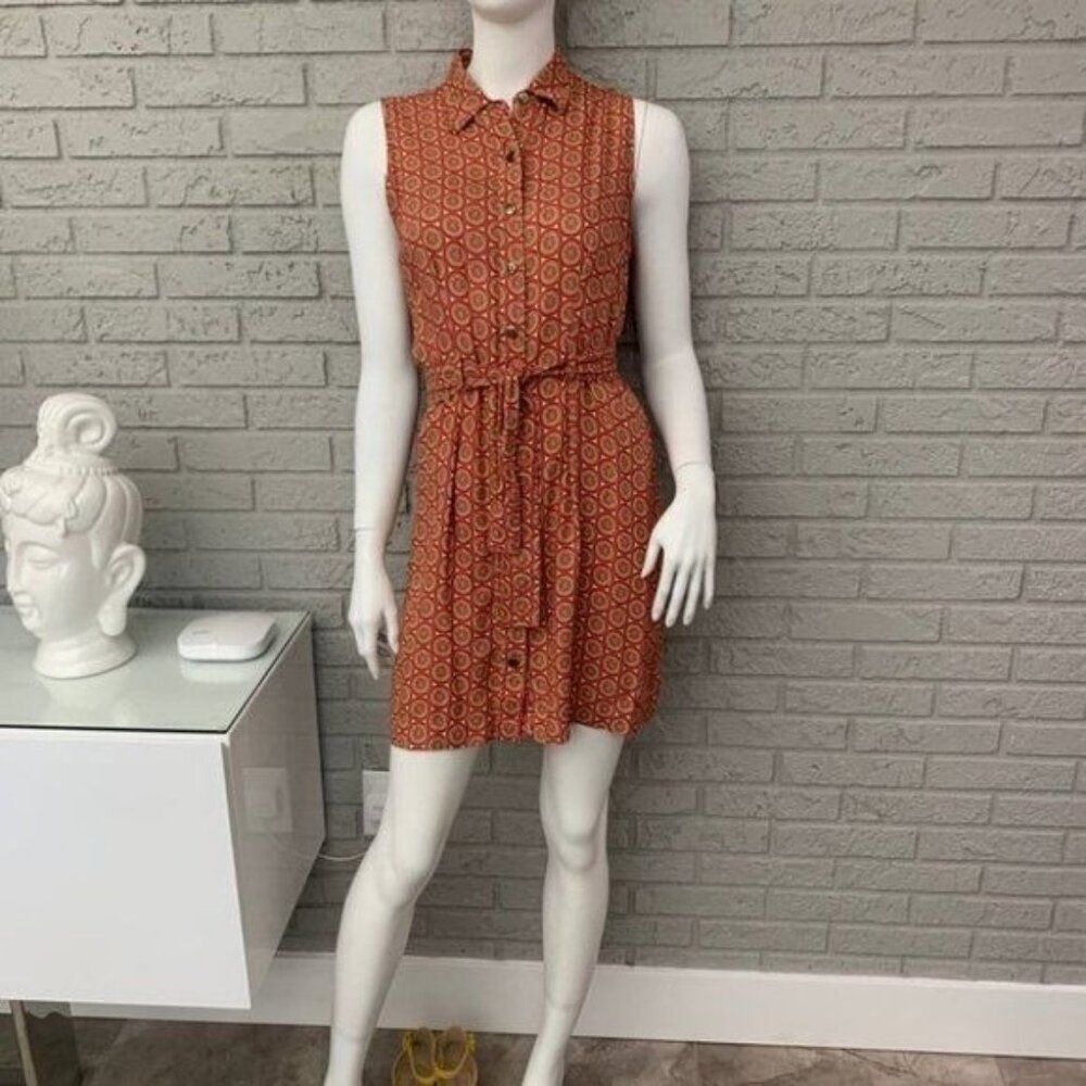 Escapade Women's Button-Down Collared Sleeveless Tie Waist Shift Dress Size S
